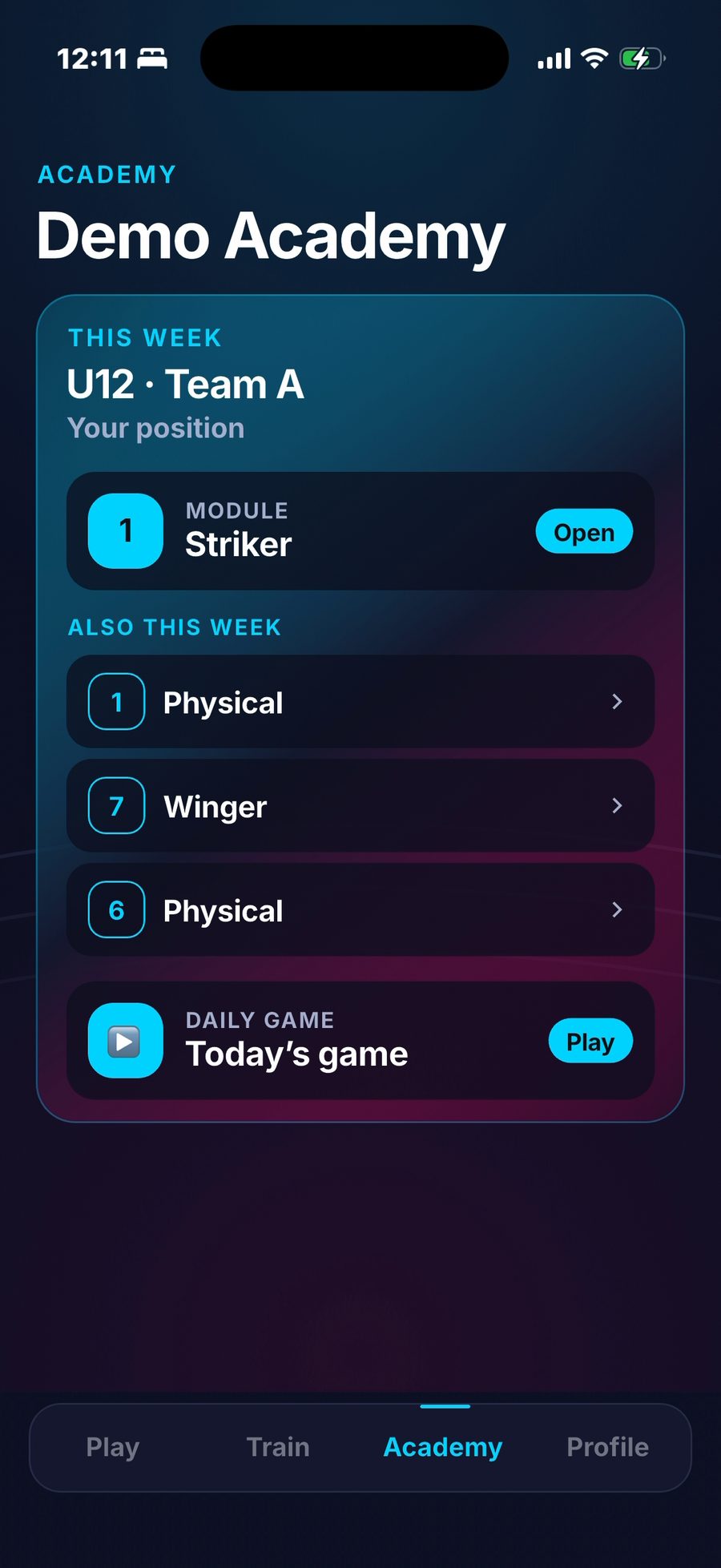 Academy week for Demo Academy, U12 Team A, with this week's striker module.