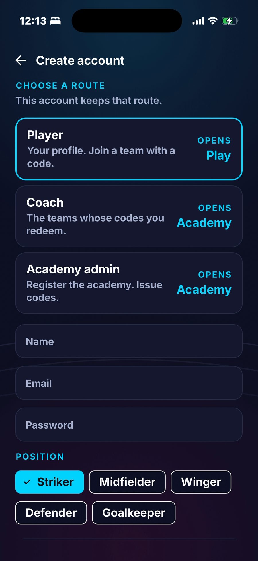 Create account, choosing player, coach, or academy admin.